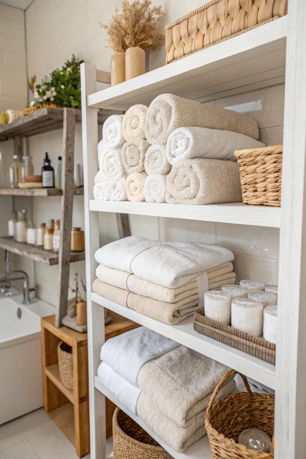 Plush towels and neutral tones creating a spa-like atmosphere.