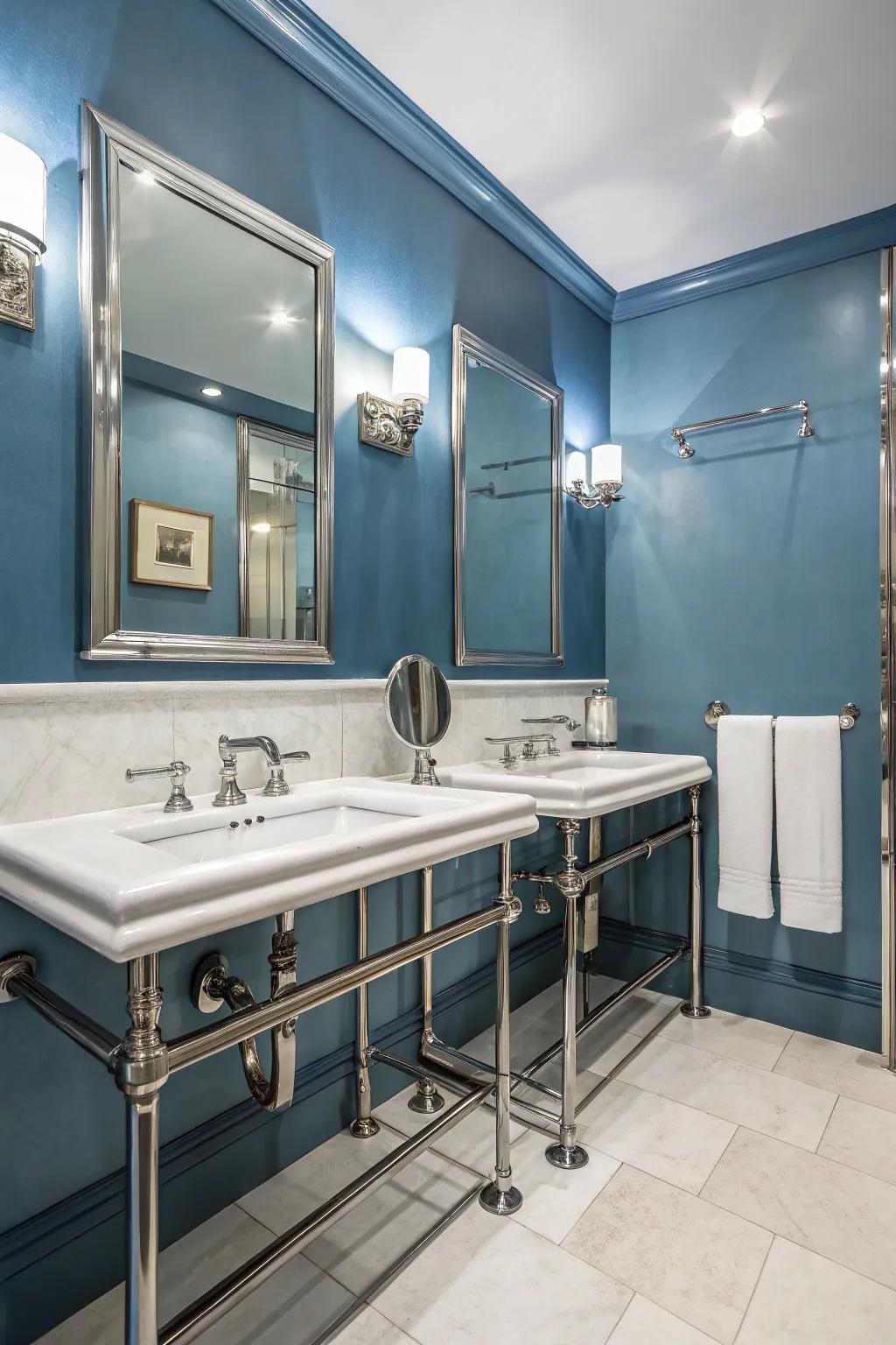 Steel blue walls provide a sleek, modern bathroom ambiance.