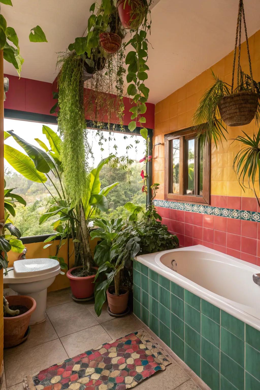 Escape to a tropical paradise with vibrant, lush bathroom decor.