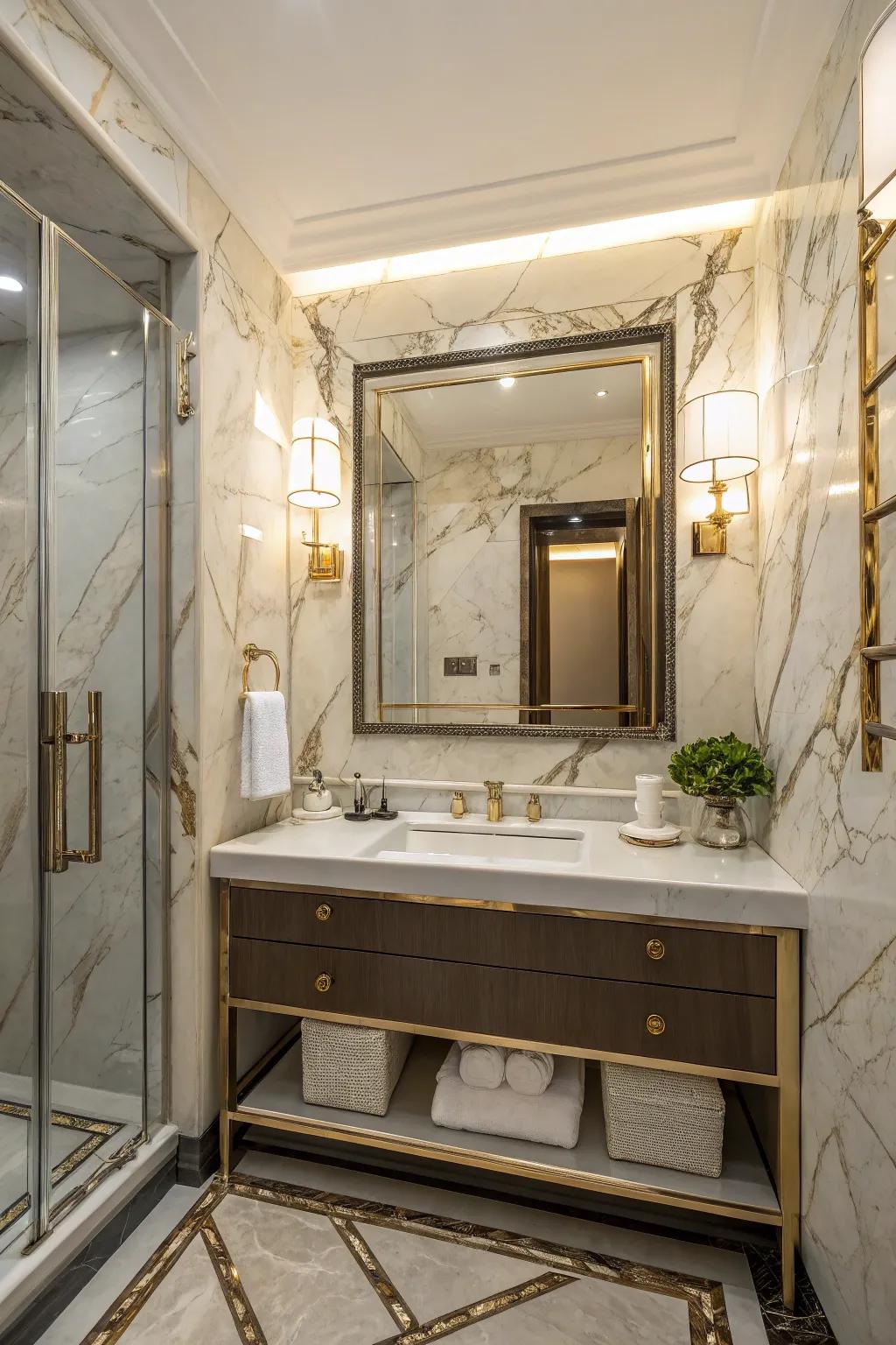 Achieve a luxury look with marble imitation wallpaper.