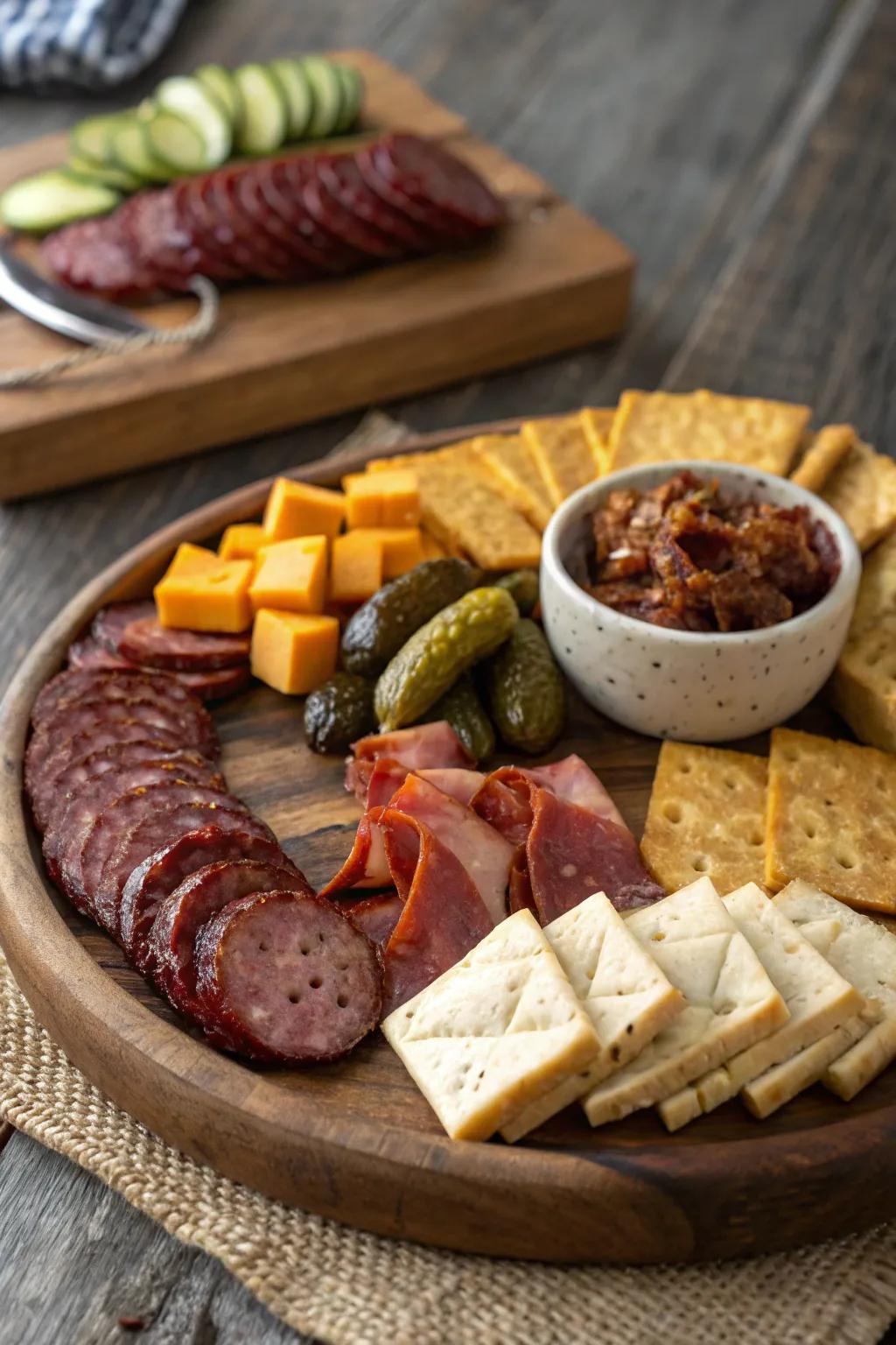A rustic wooden platter sets the perfect stage for your board