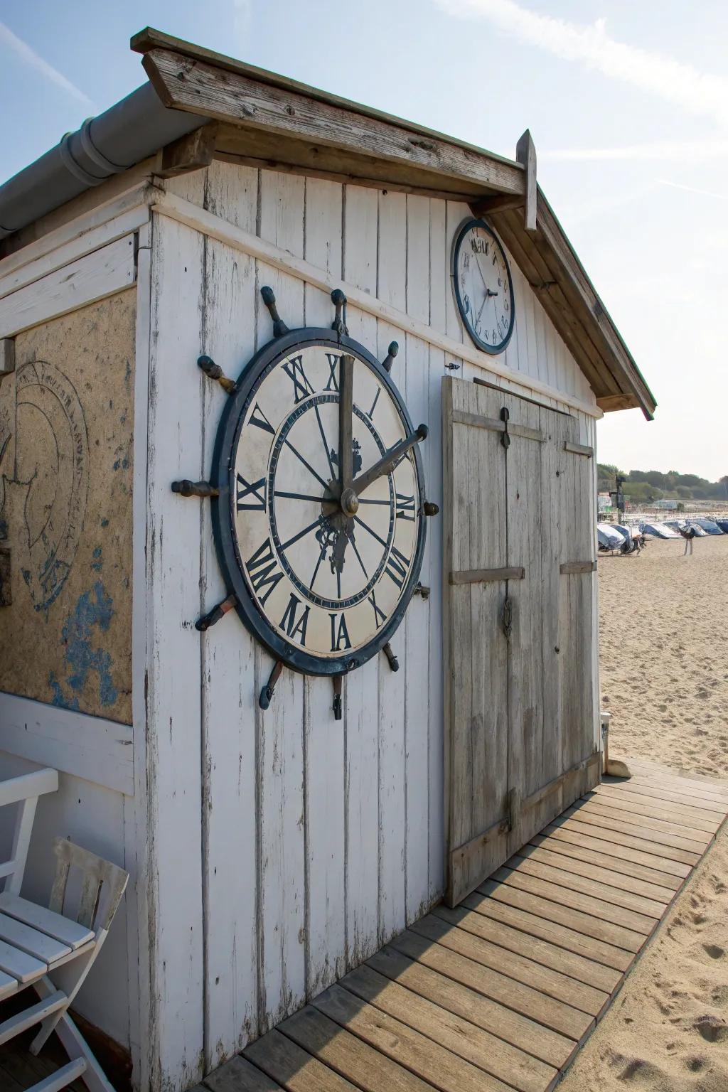 An oversized nautical clock serves as a stylish focal point on the beach shed wall.