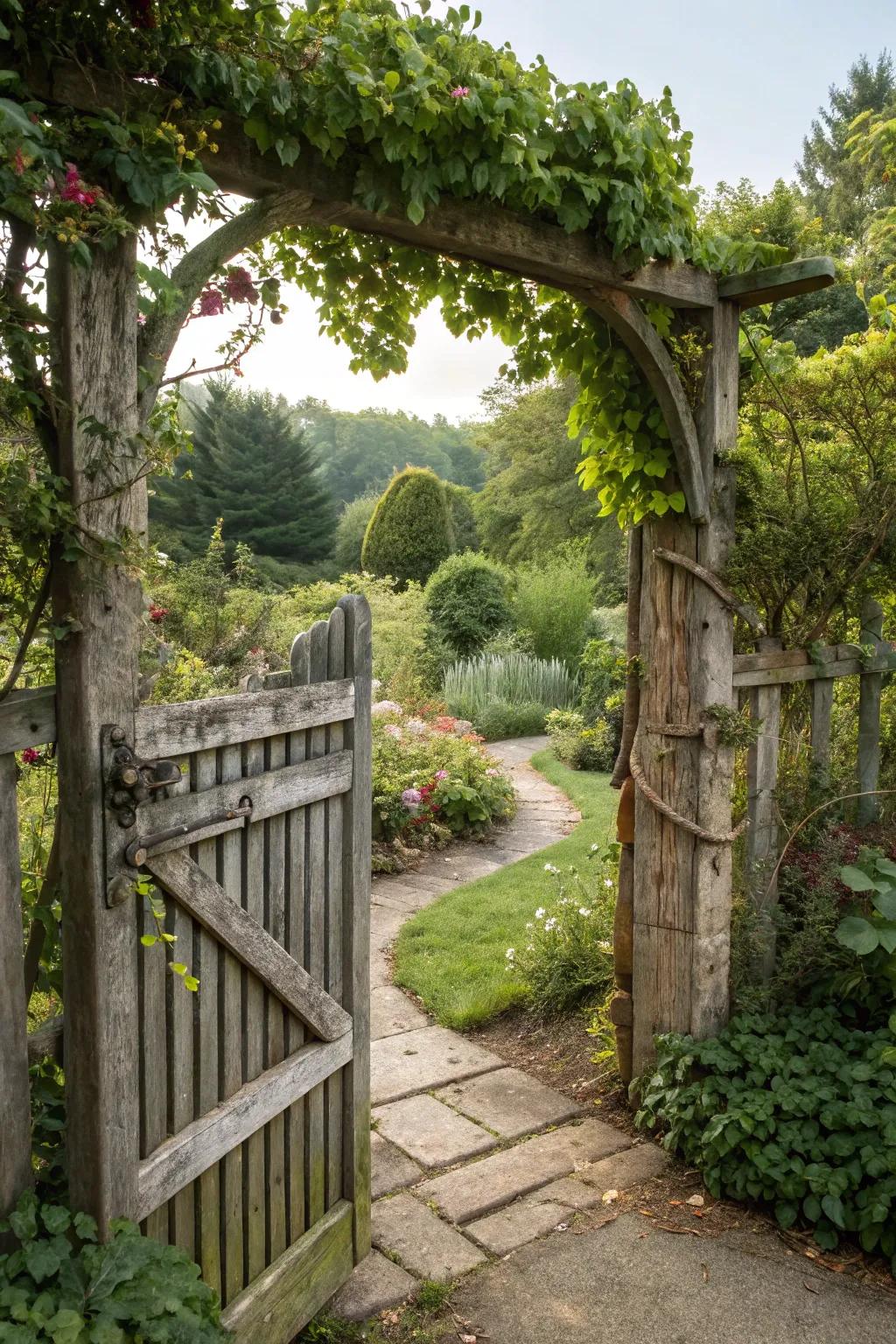 A charming rustic garden gate leading into a lush garden.