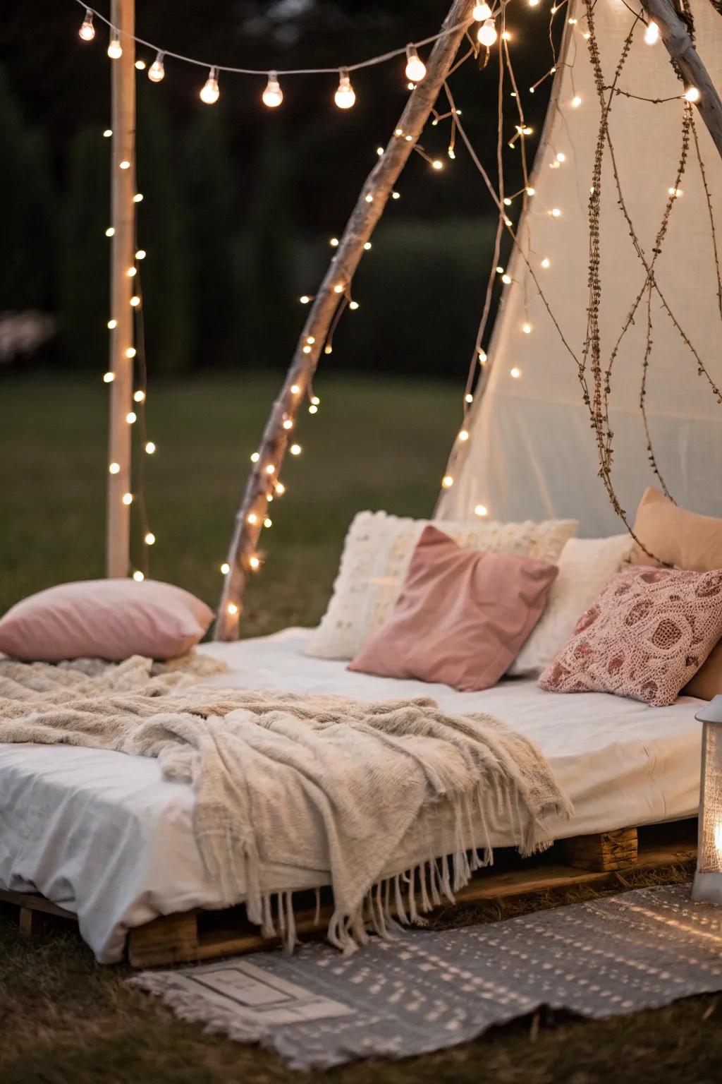 Add whimsy with string lights framing your floor bed.