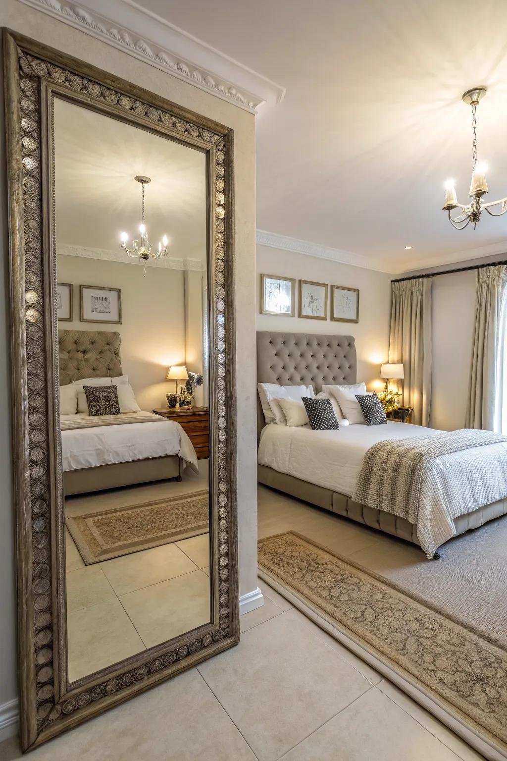 Mirrors enhance light and space in this stylish bedroom.