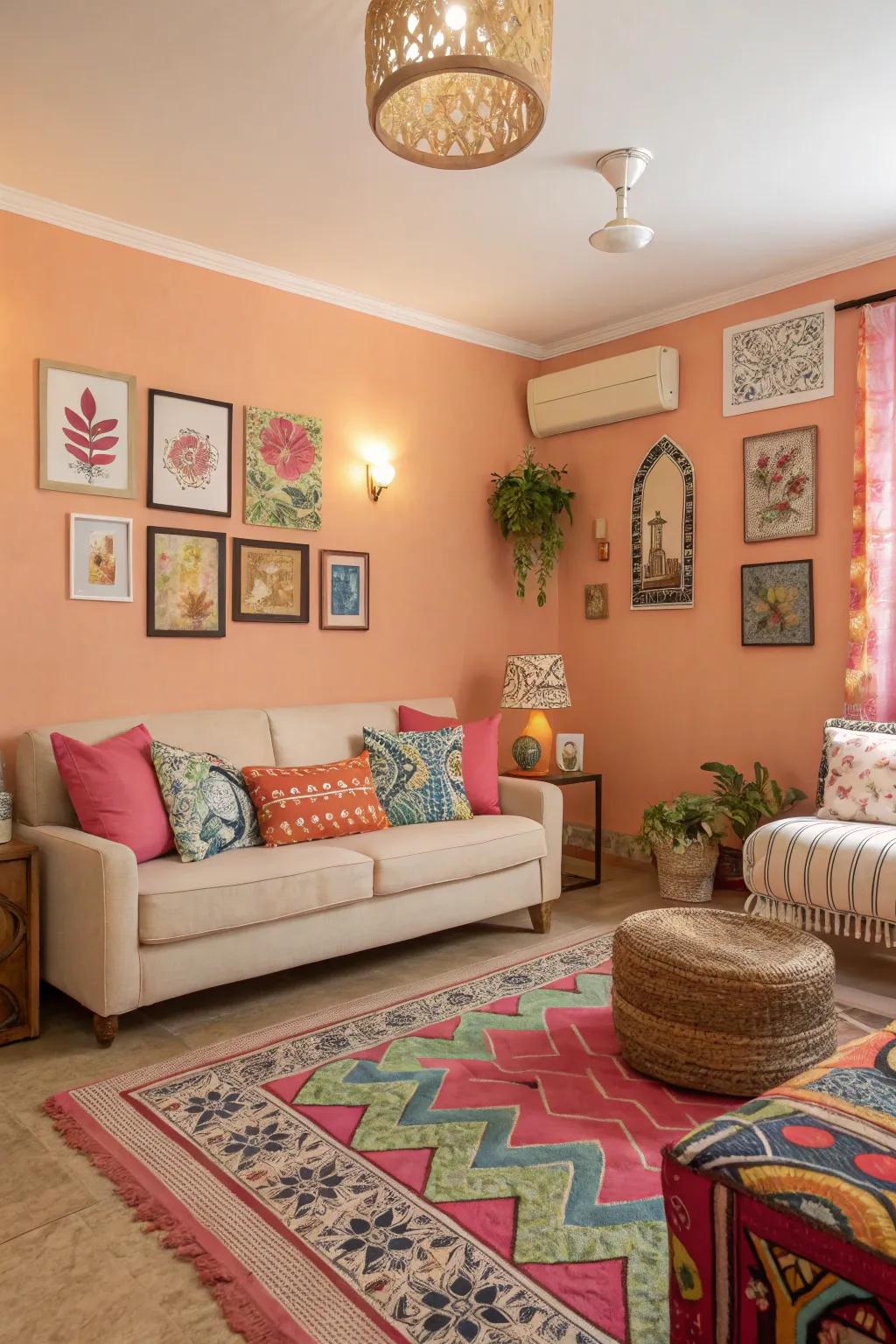 Peach walls bring a playful and inviting energy.