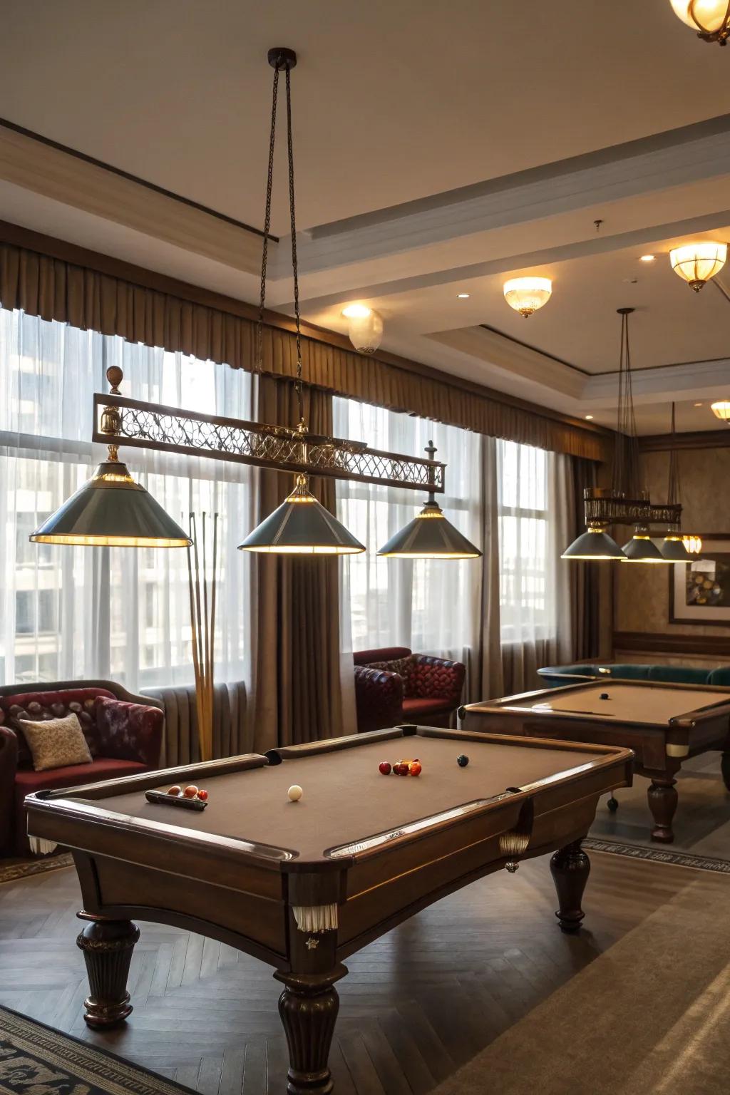 Flexible lighting solutions enhancing the ambiance of a billiard room.