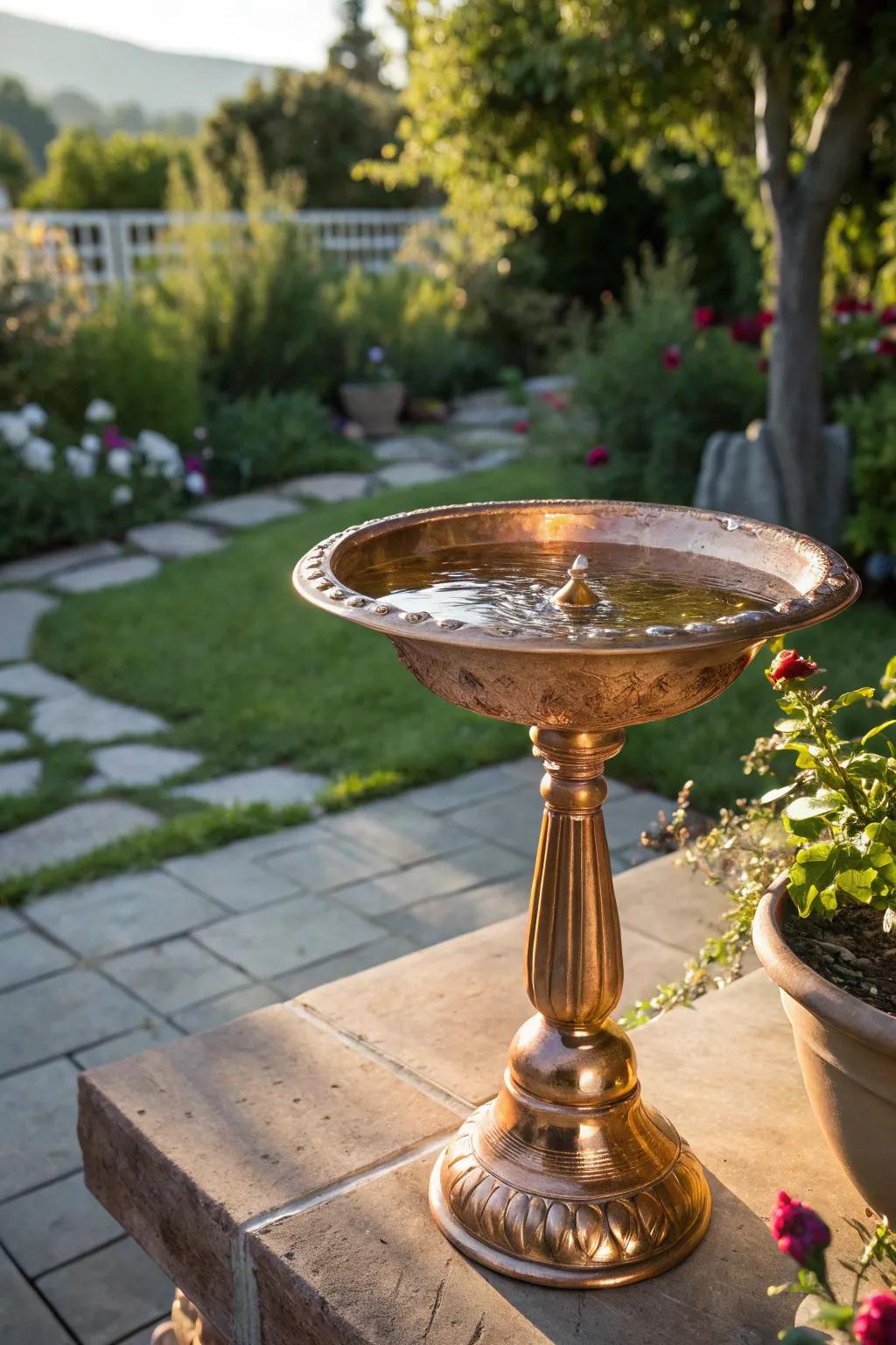 A copper bird bath serving as a durable and elegant garden feature.