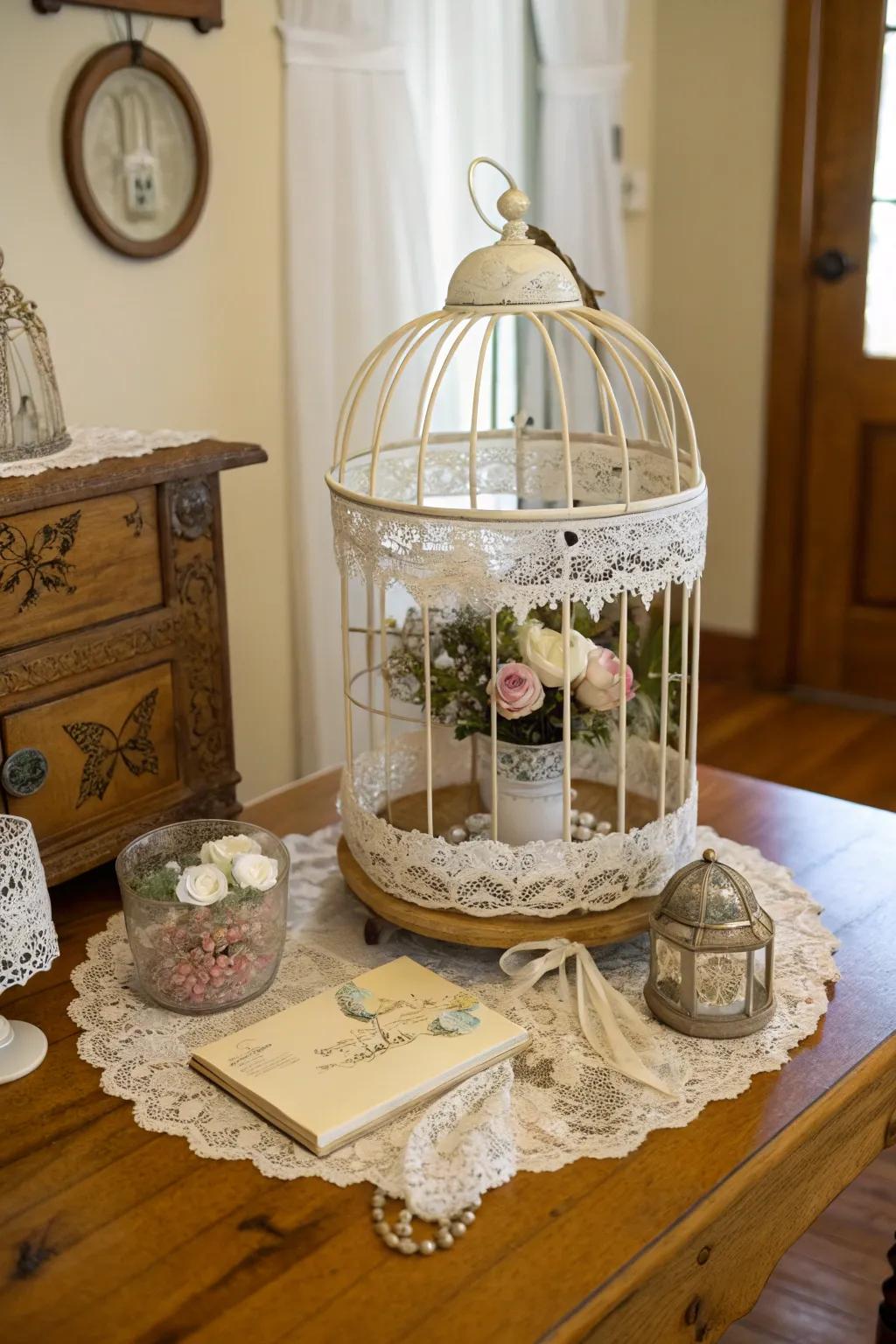 A vintage-inspired bird cage centerpiece with charming details.