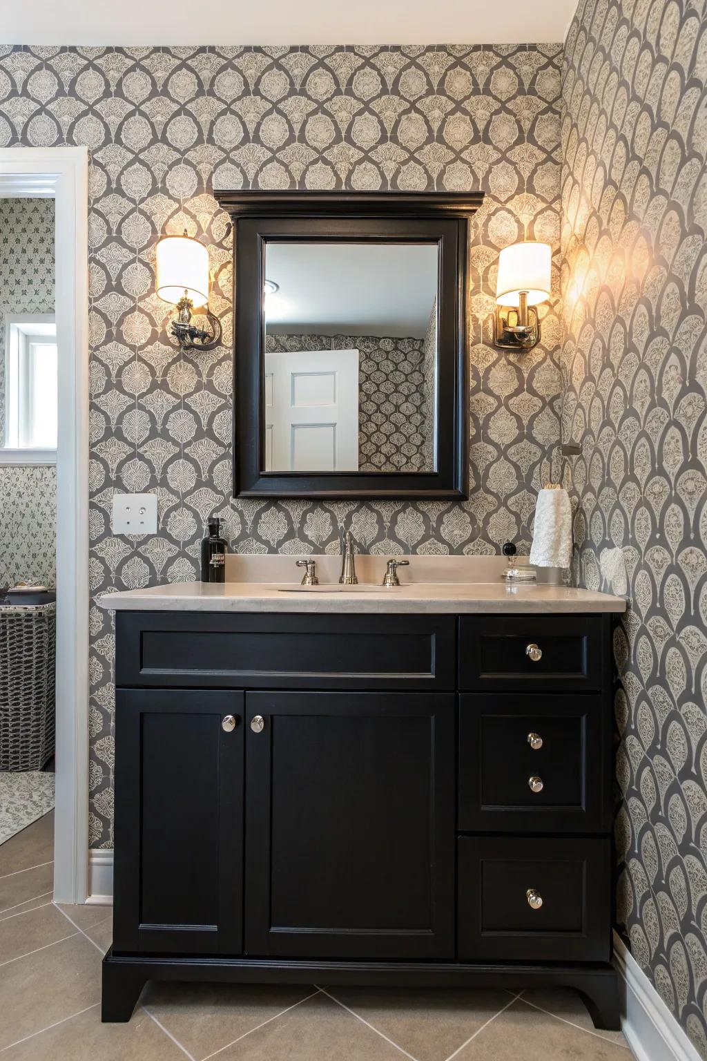 Patterned wallpaper brings a playful and personalized touch to a black vanity bathroom.