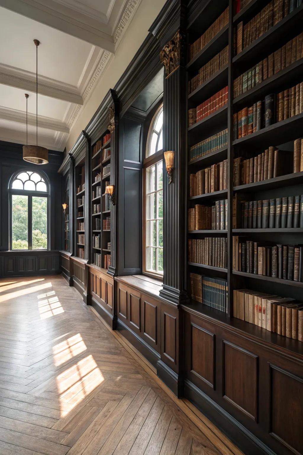 Library with contrasting textures and black wainscoting.