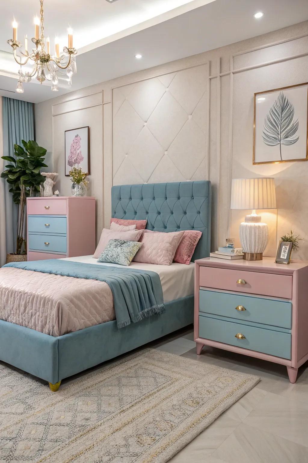 Dual-tone furniture elegantly merges blue and pink hues.