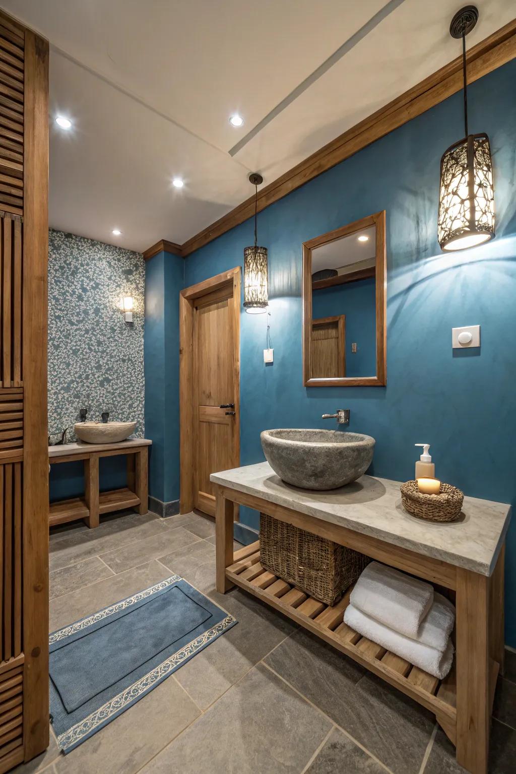 A spa-like bathroom with tranquil blue tones and natural elements.