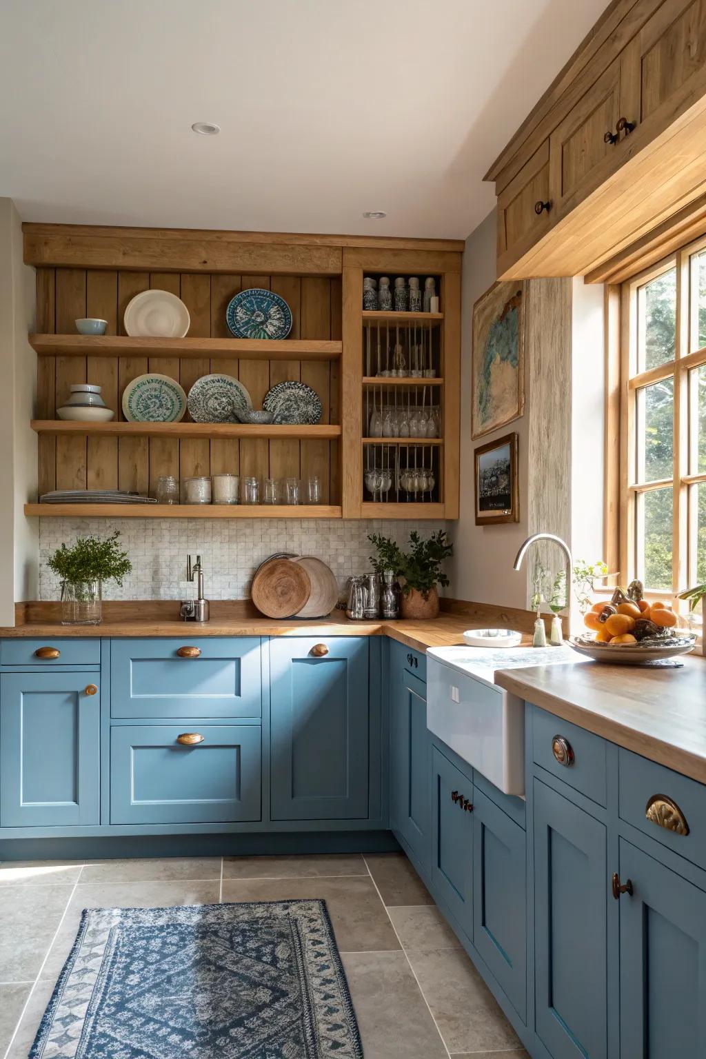 Blue cabinets paired with open shelving provide both functionality and stylish display space.