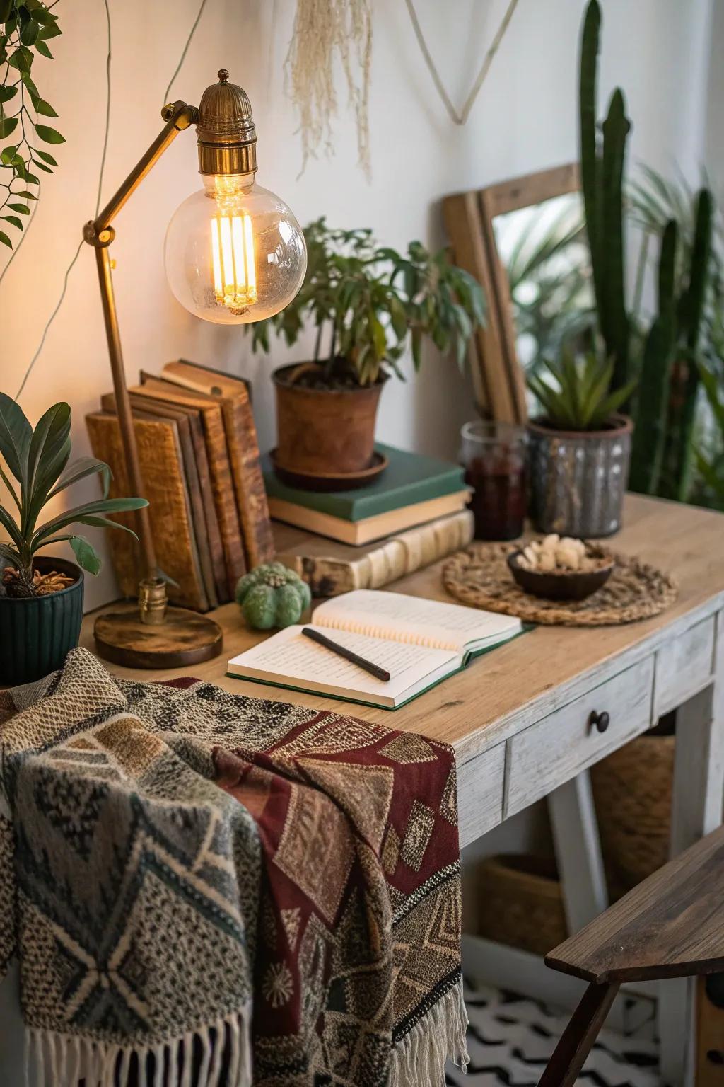 A bohemian desk blending vintage and modern styles.