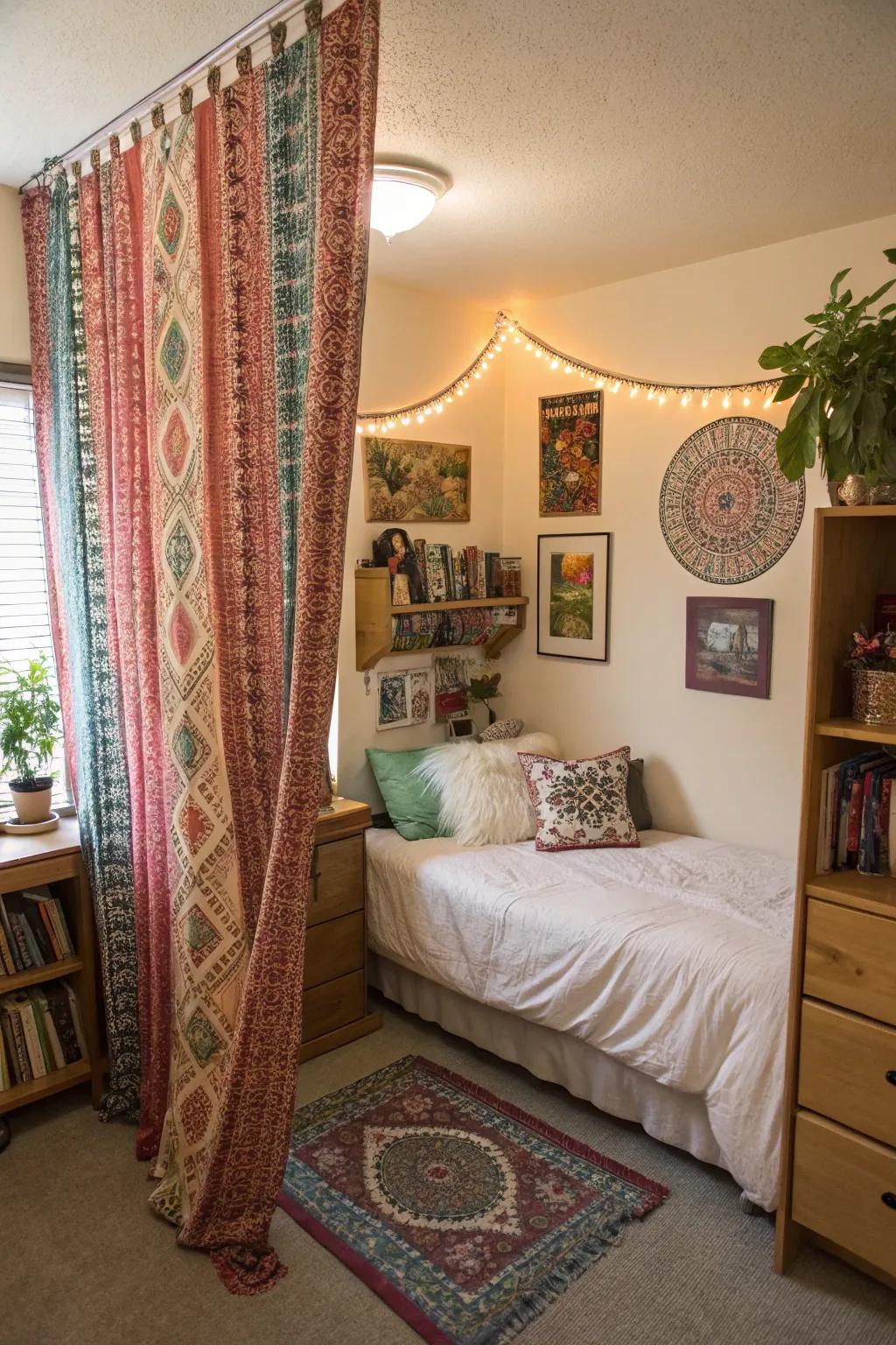 Boho curtains soften the window space