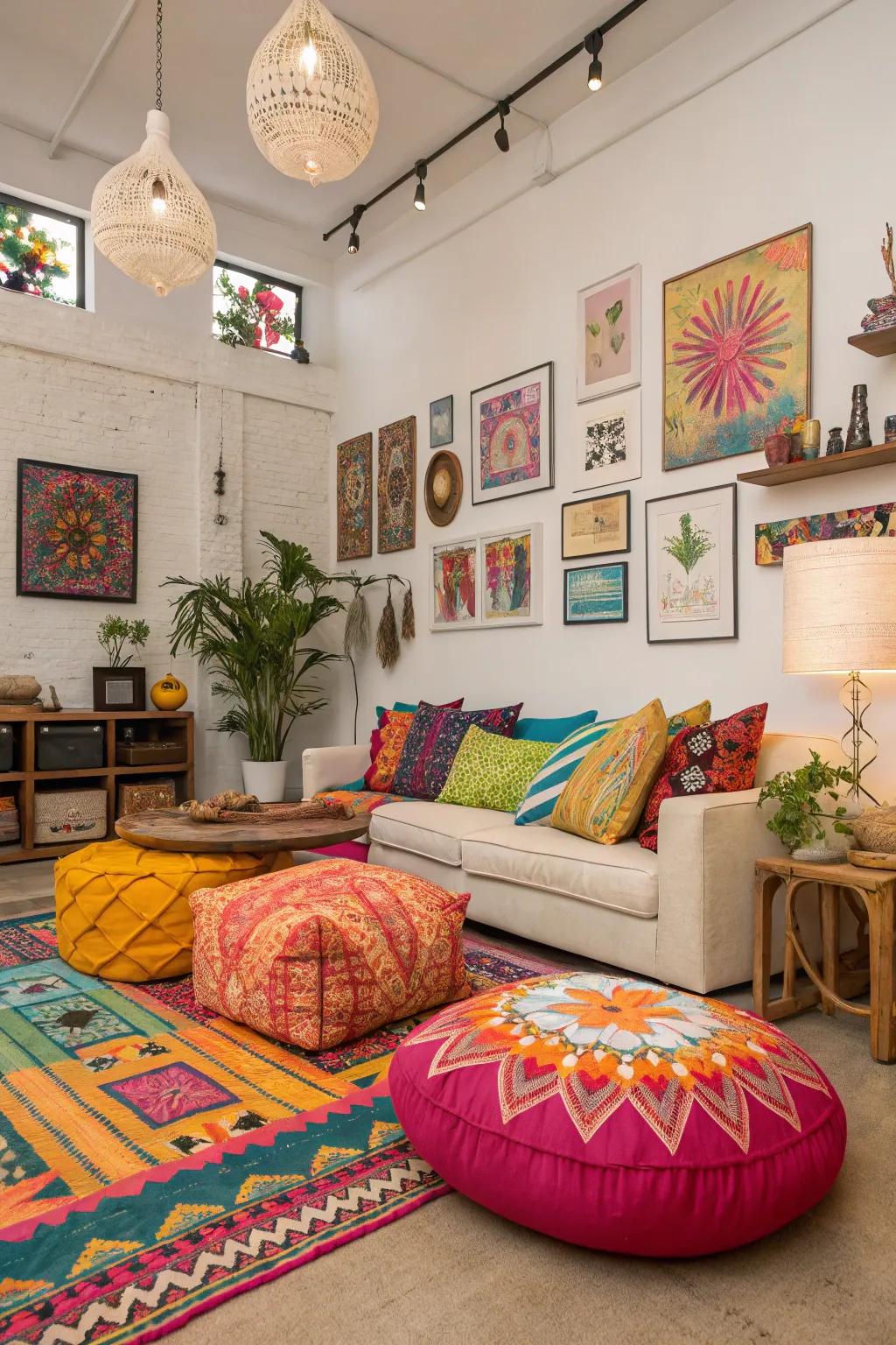 Vibrant accent colors energize your boho loft decor.