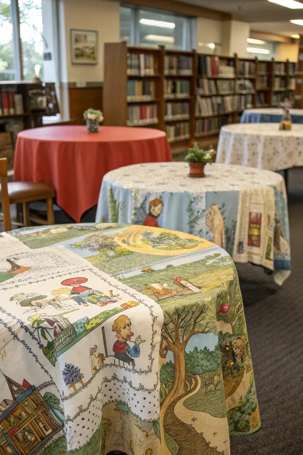 Story-themed tablecloths bring book scenes to life at the fair.