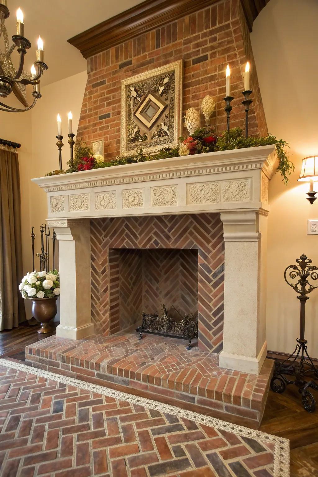 A sophisticated brick hearth featuring a herringbone pattern.