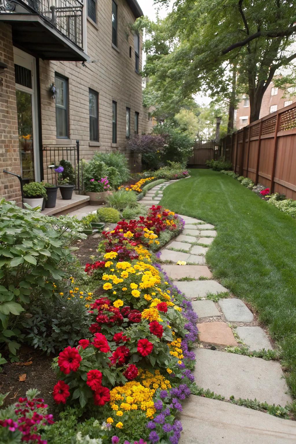 Colorful flowers line the path, adding vibrancy to the backyard.