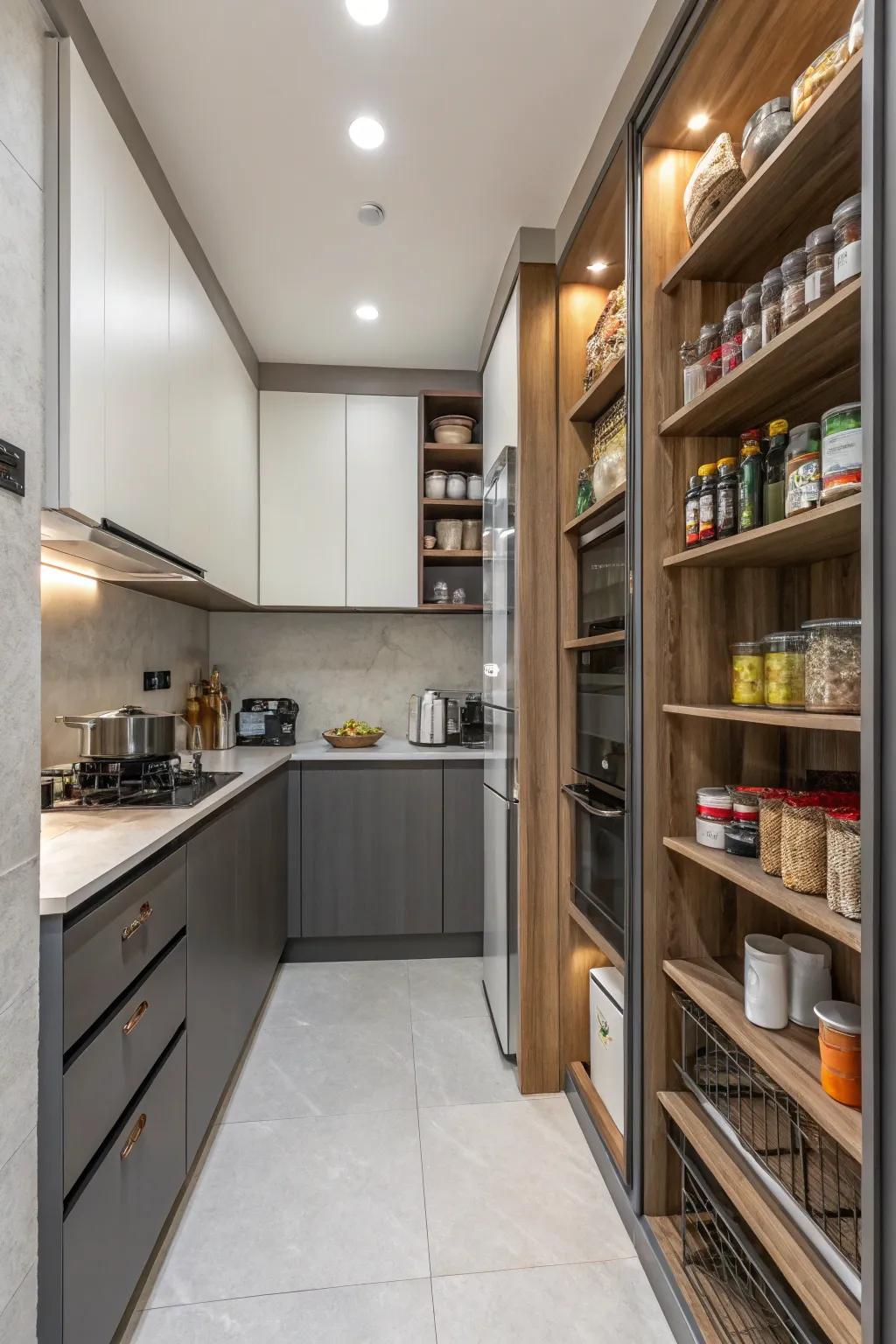 Vertical storage solutions enhance space in this kitchen.