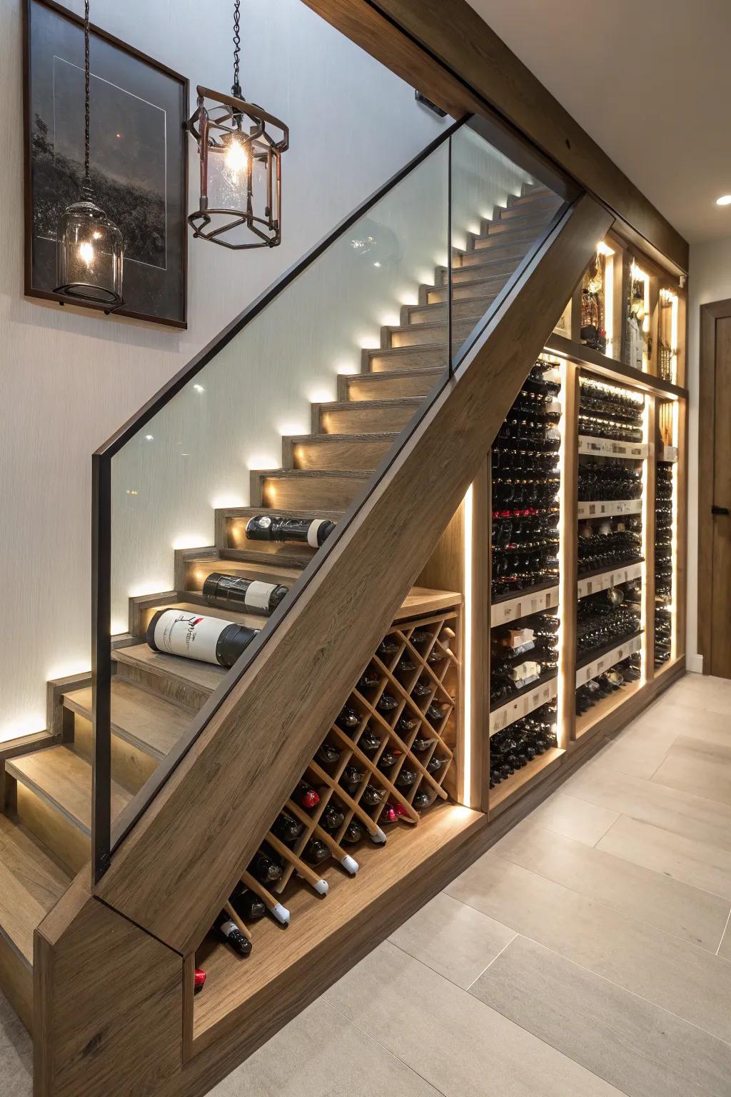 A chic wine storage solution within a stair bulkhead.