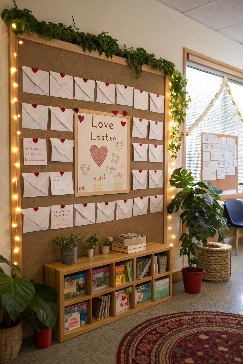 Bulletin board with envelopes containing secret love letters.