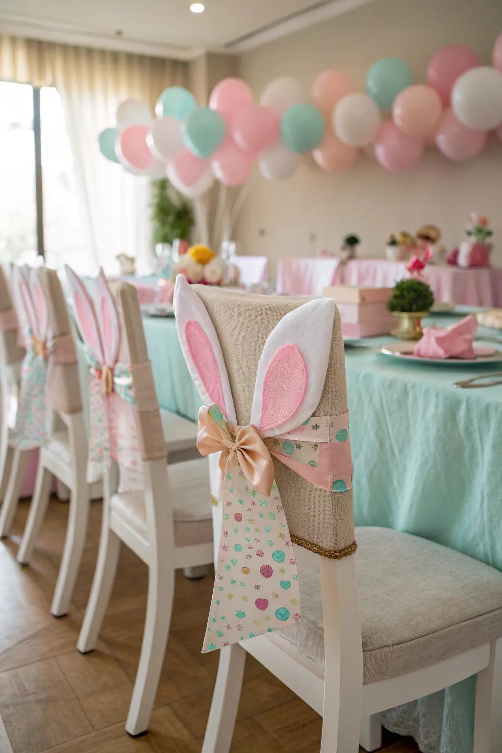 Playful bunny-eared chairs add whimsy to the seating arrangement.