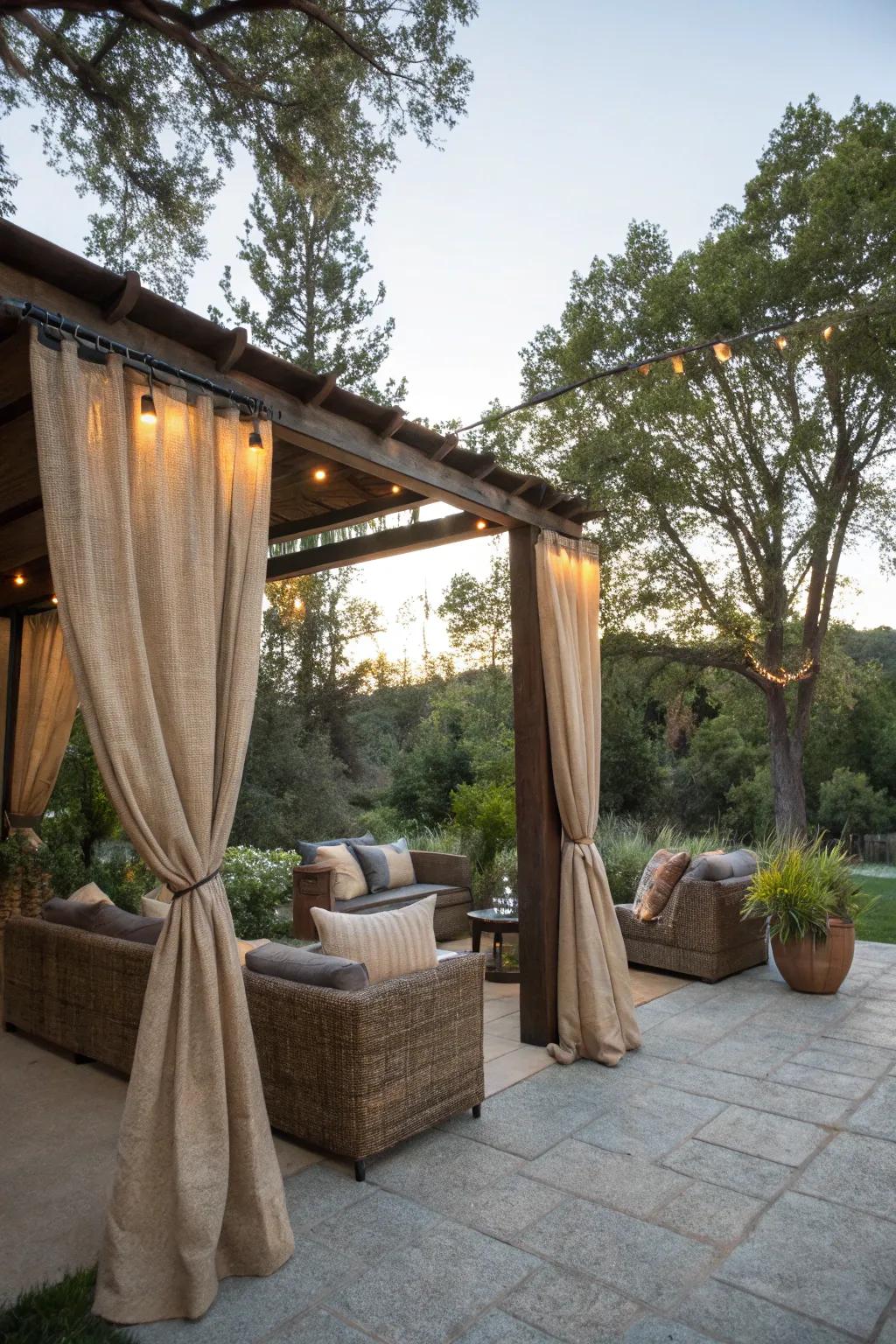 Outdoor comfort with burlap curtains on the patio.