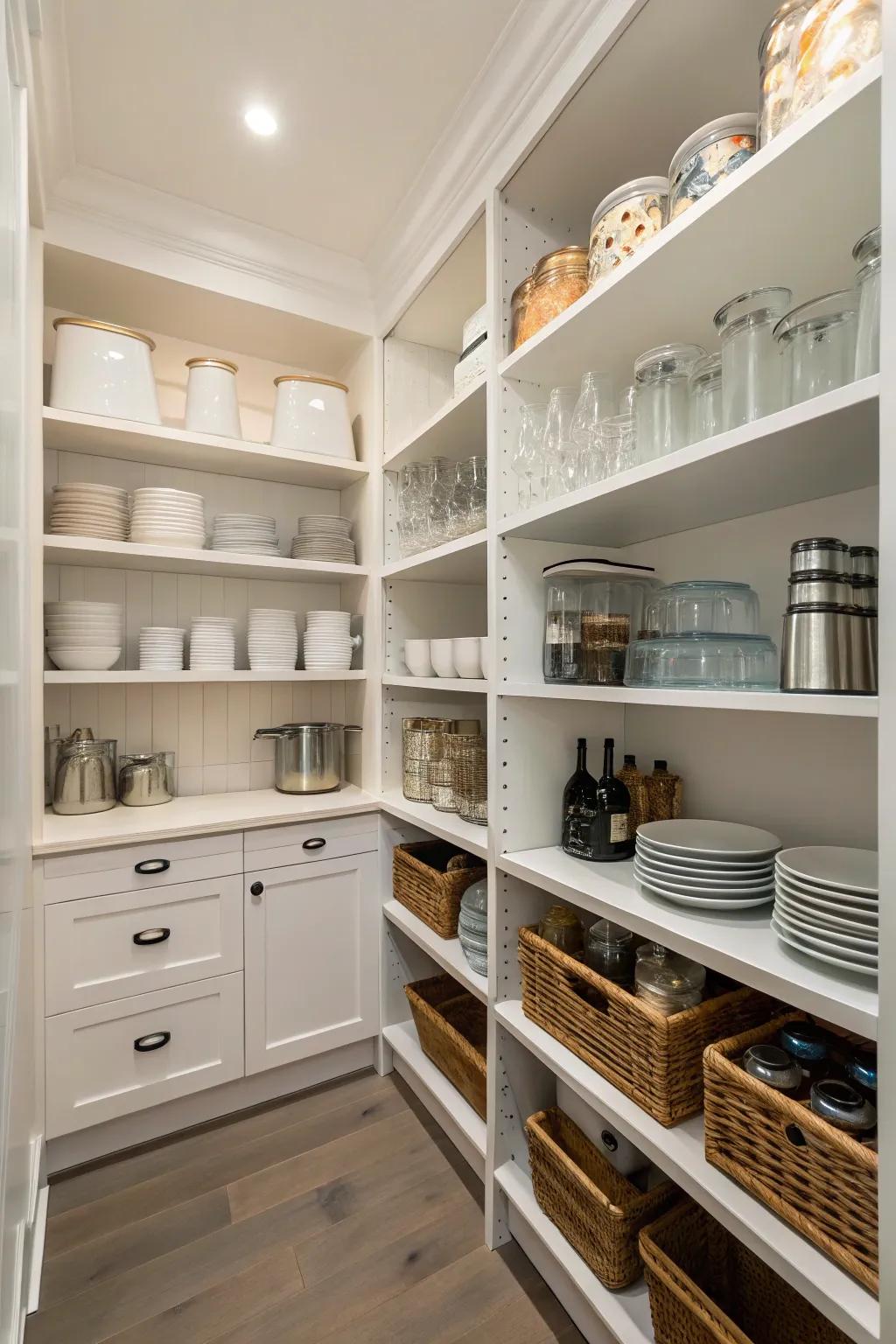 An organized butler's pantry with floor-to-ceiling shelving for maximum storage.