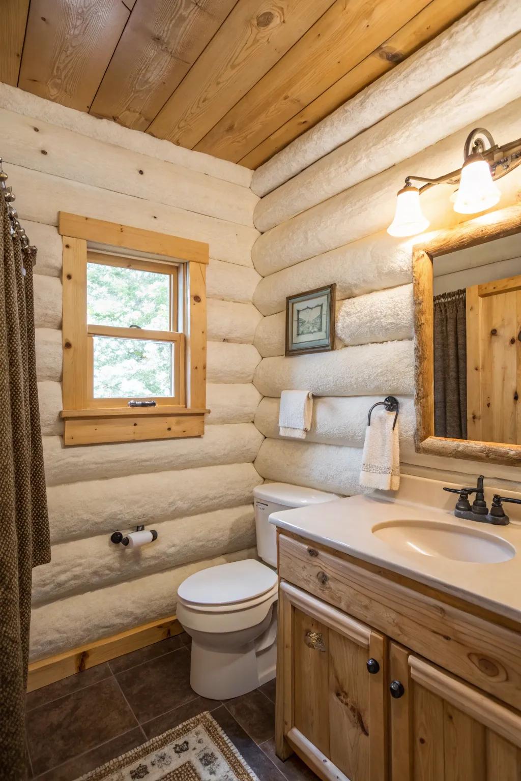 A cabin bathroom with painted plaster log walls for a modern look.