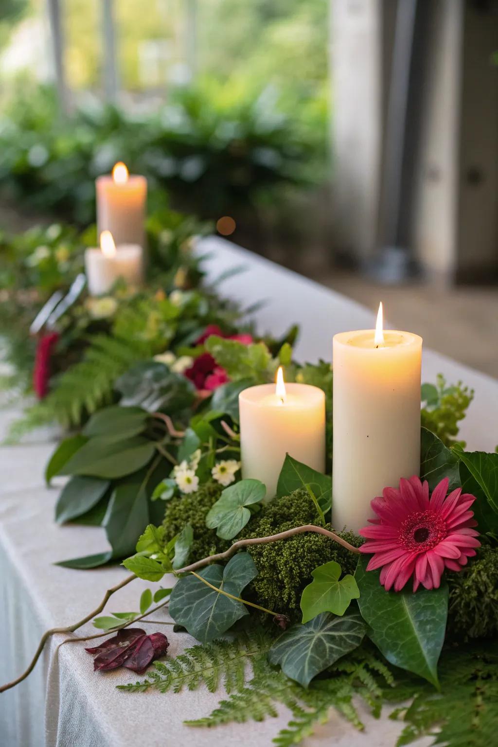 Candles nestled within lush greenery for a vibrant setting.
