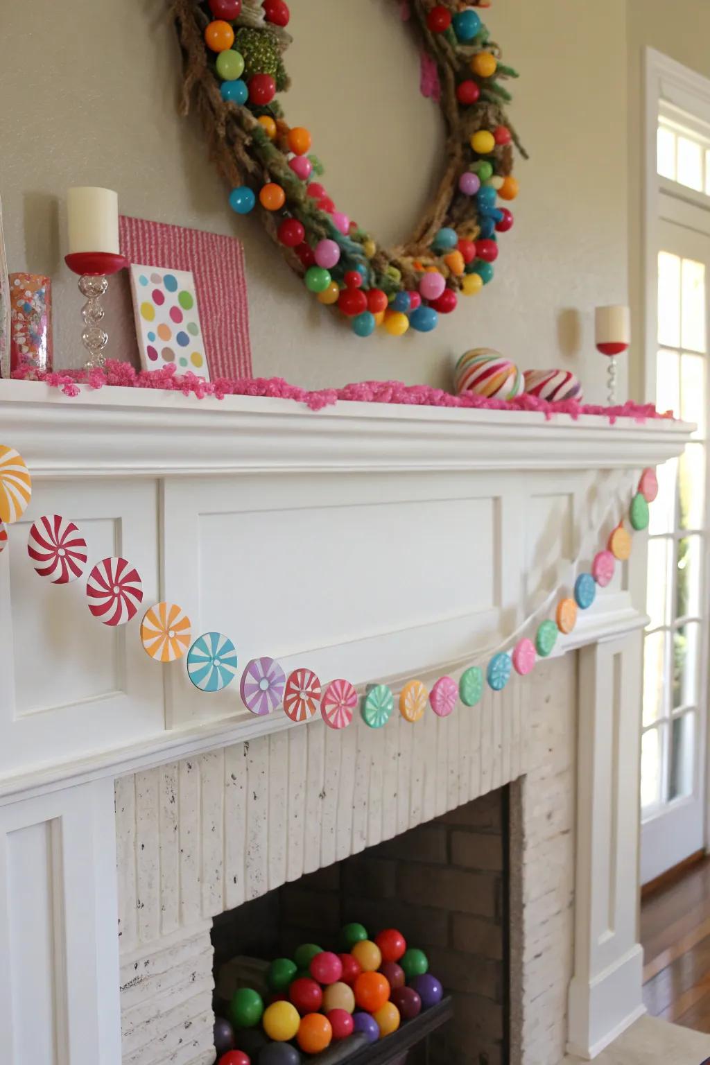 A candyland garland adds a whimsical flair to the mantel.