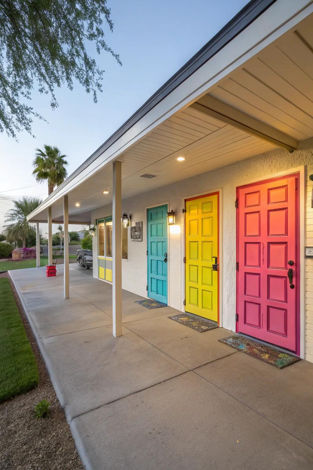 A vibrant carport with colorful door accents, showcasing personalized style.