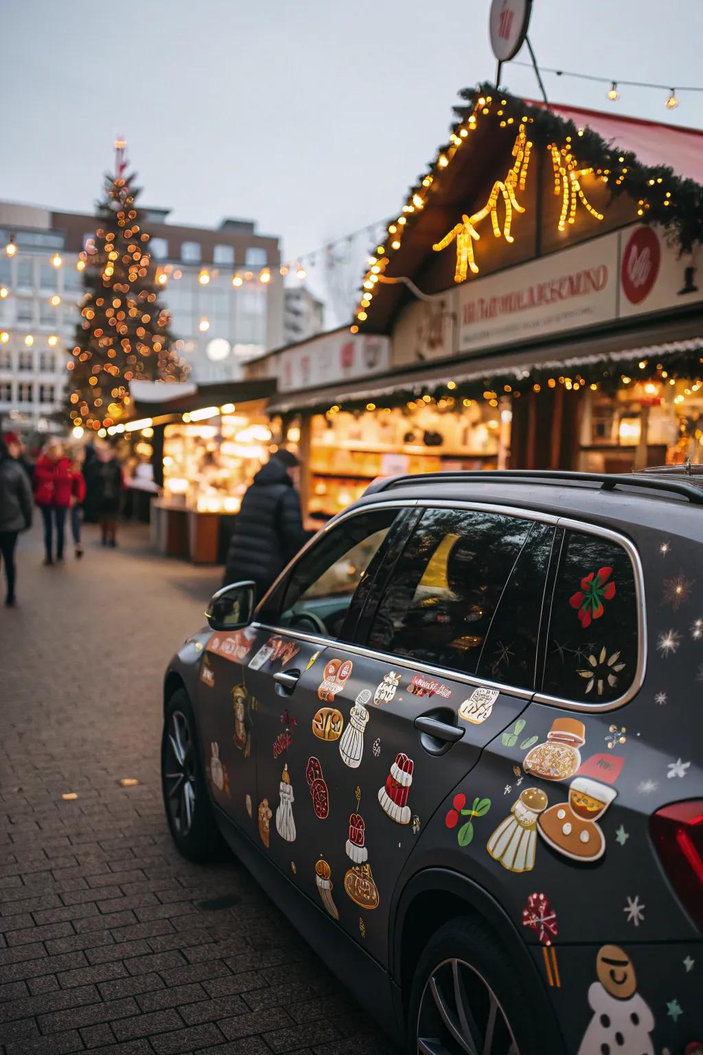 A car adorned with gingerbread decals, bringing a sweet holiday touch.