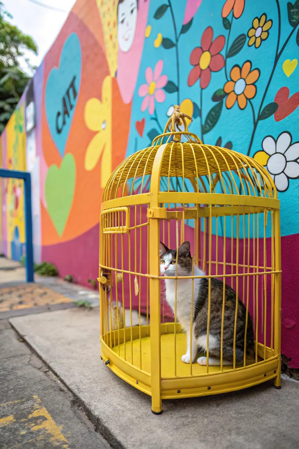 A splash of color makes a cat cage pop with personality.