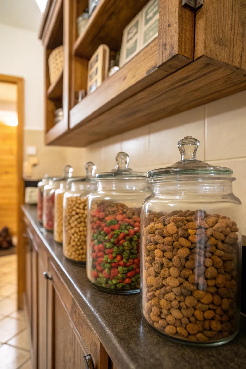 Elegant glass jars used for storing dry cat food.