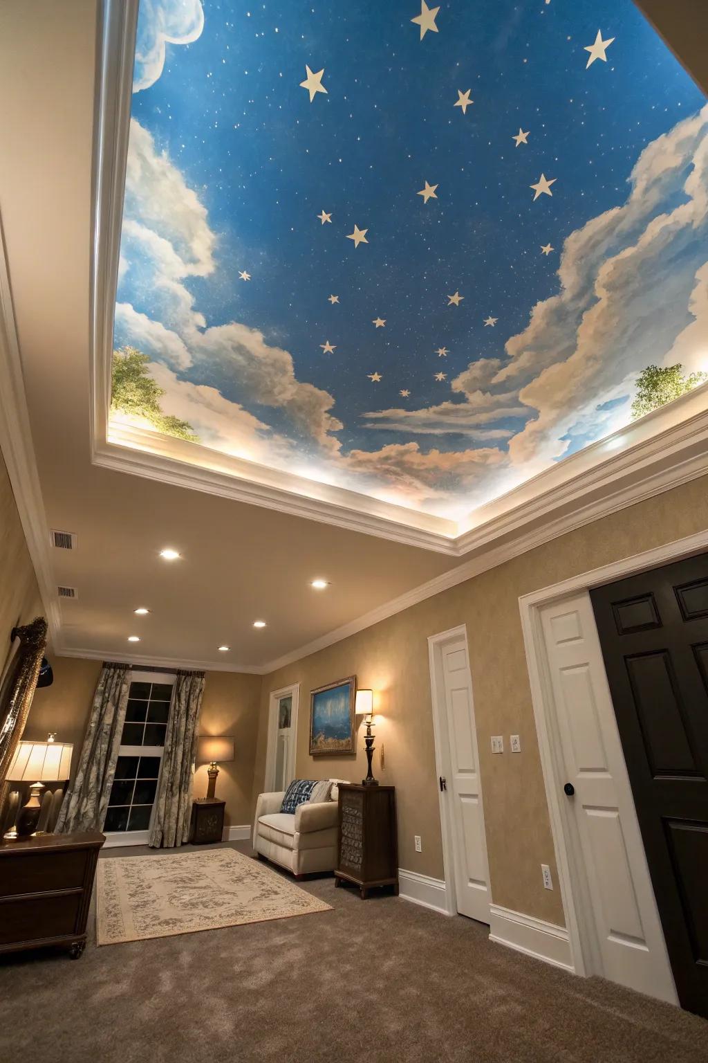 A custom mural transforms your ceiling into an art piece.