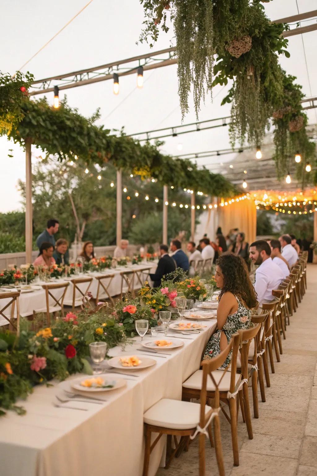 Greenery garlands elegantly decorating long wedding tables.