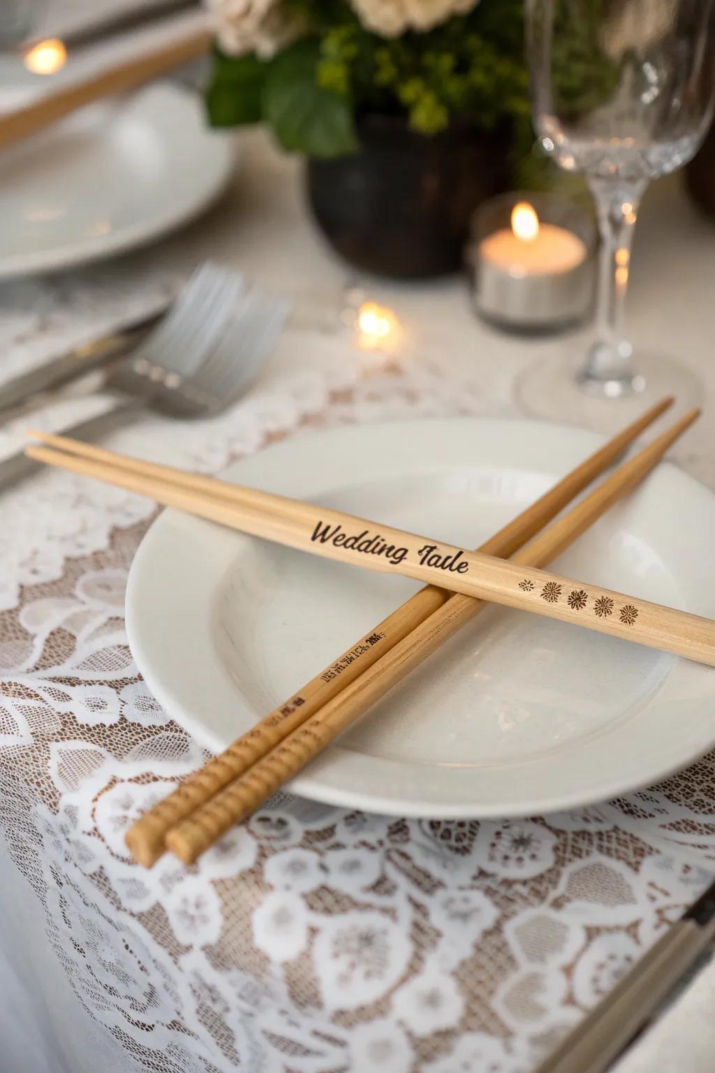 Personalized chopsticks add a unique touch to the table setting.