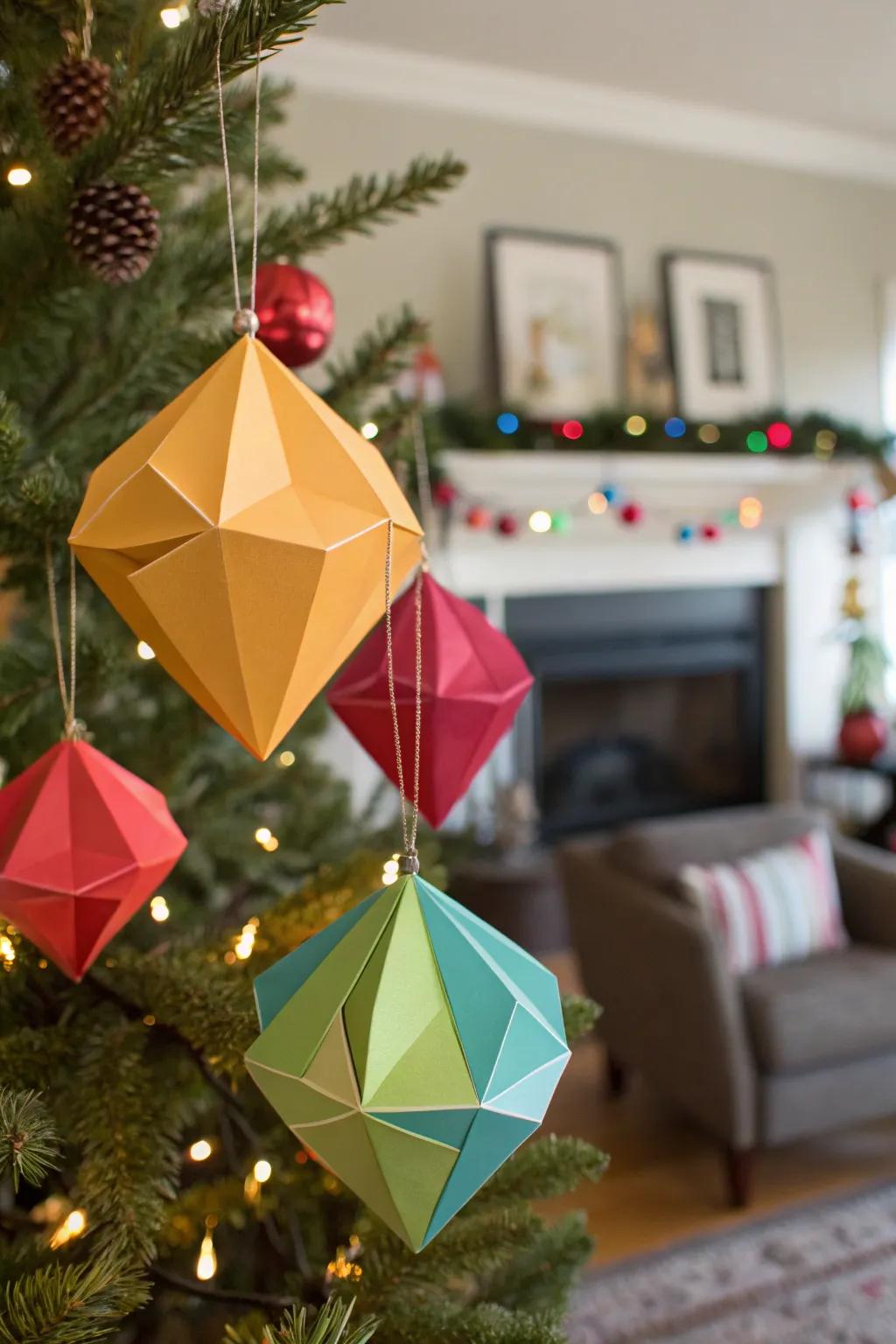 Colorful geometric paper ornaments on a tree.