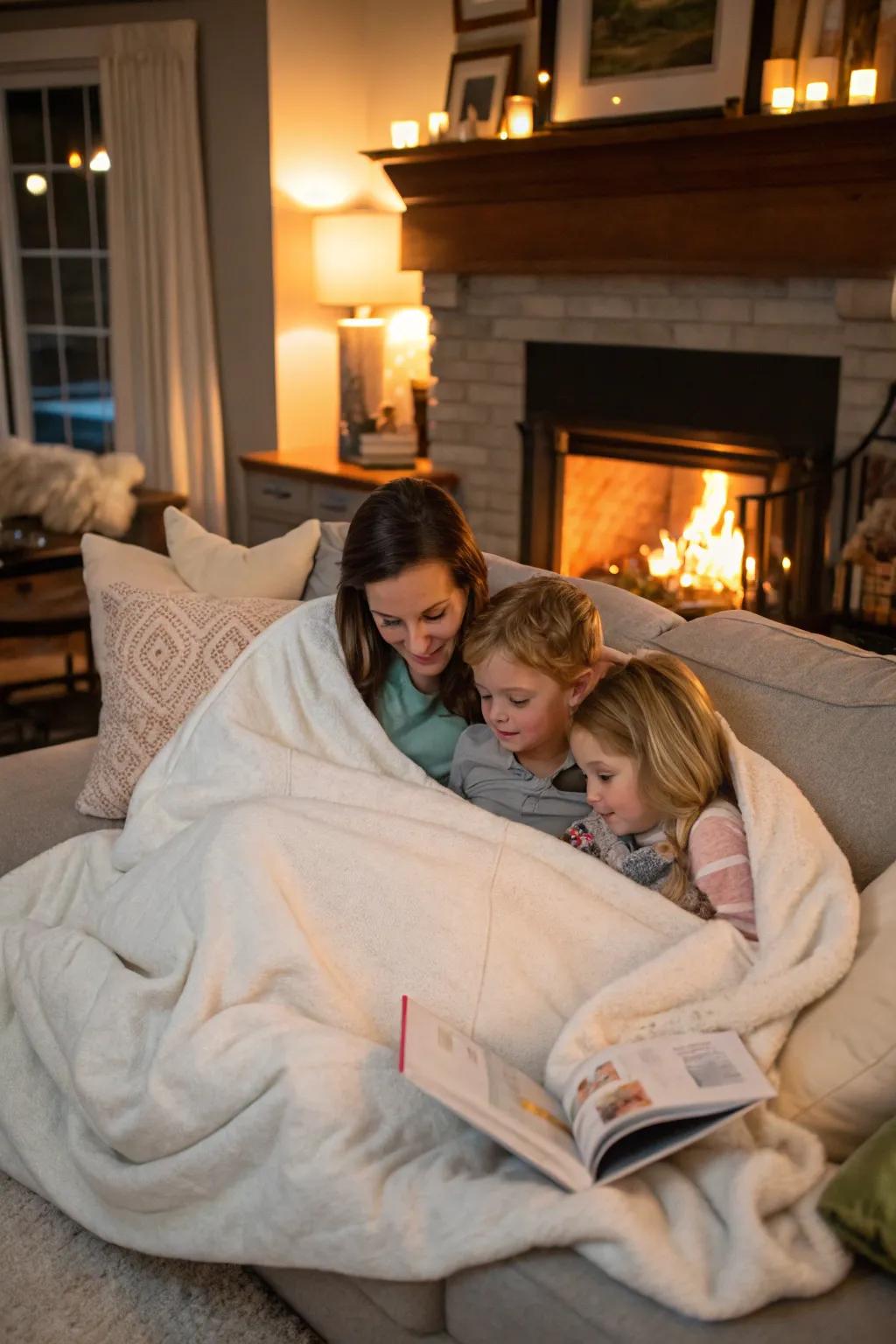 Family snuggled together under a cozy blanket.