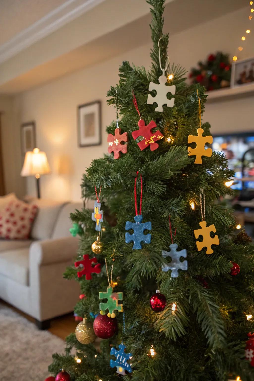 A Christmas tree with creative puzzle piece ornaments.