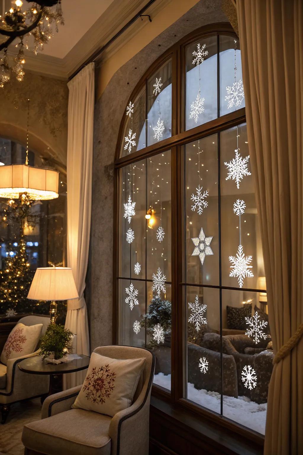 Glistening snowflakes add elegance to your windows.