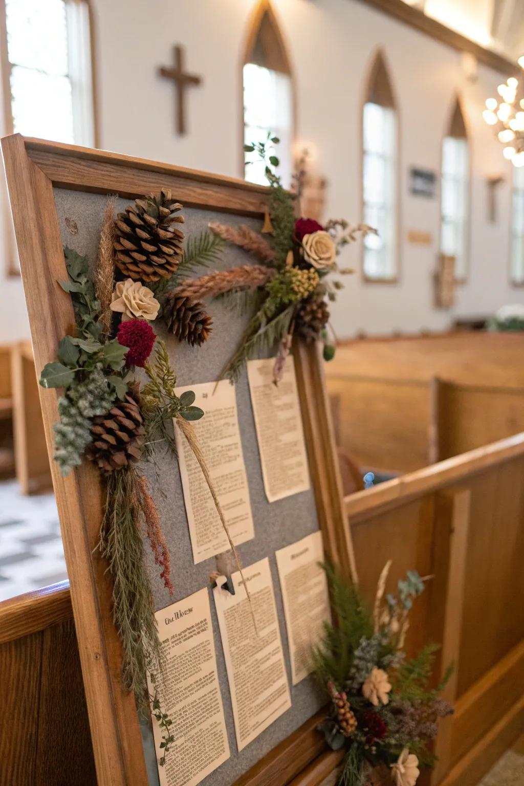 A nature-inspired bulletin board with earthy decorations.