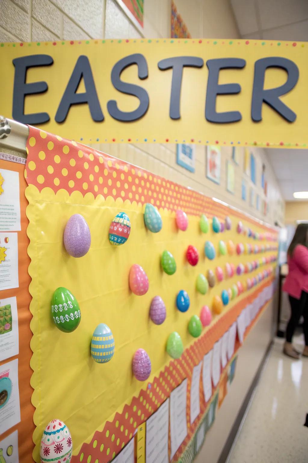 An educational bulletin board with a word wall of Easter vocabulary.