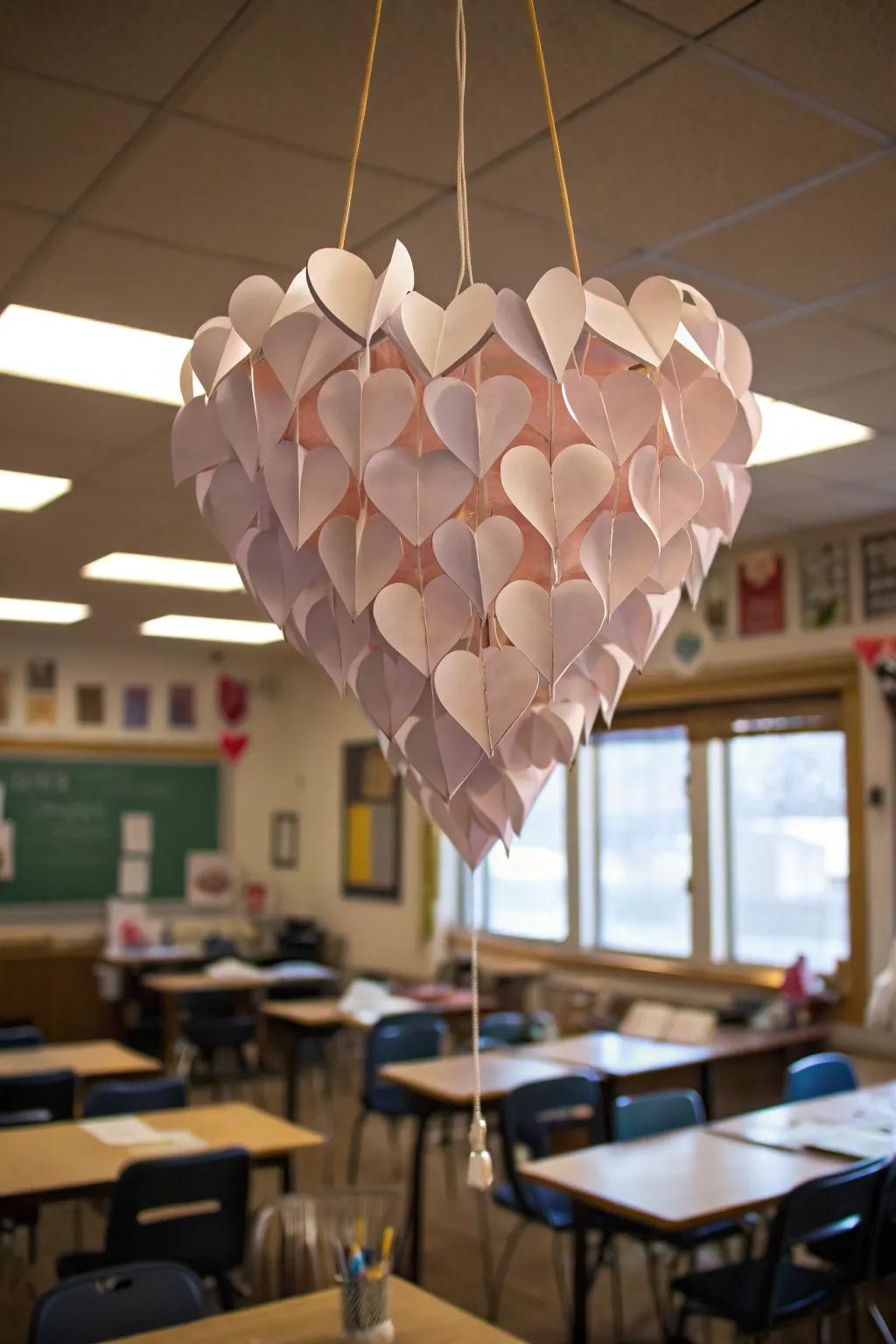 Eye-catching paper heart chandelier as a centerpiece.