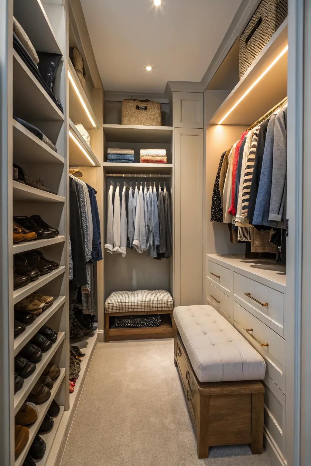 A seating area adds luxury and function to your closet.