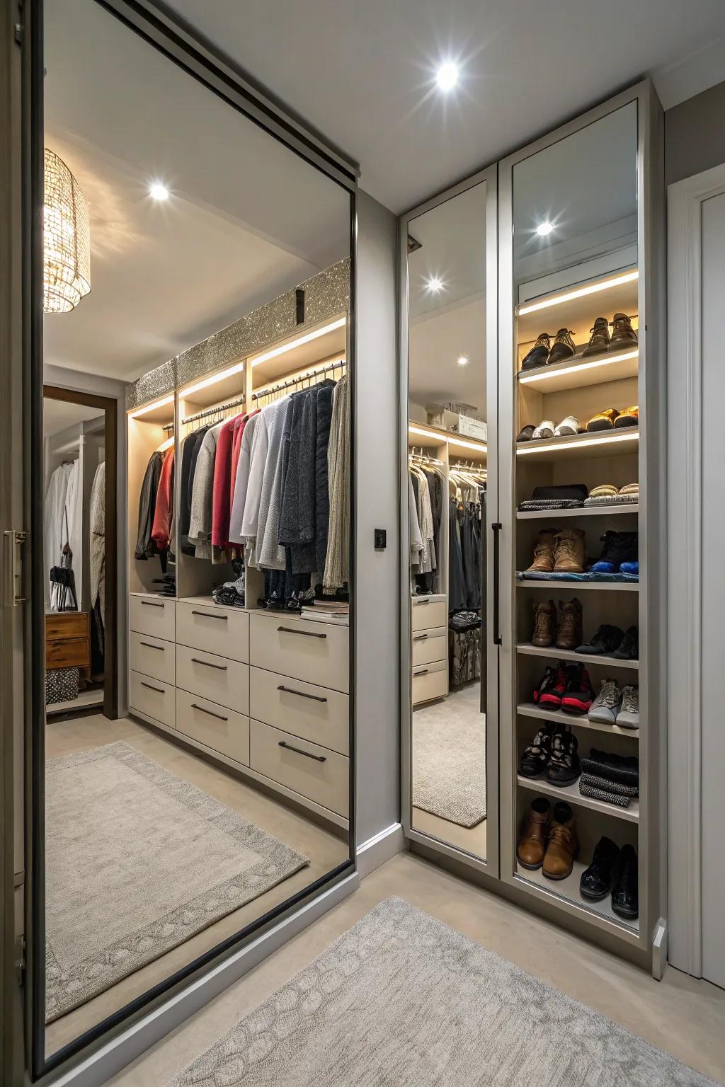 Mirrors amplify light and space in your open closet.