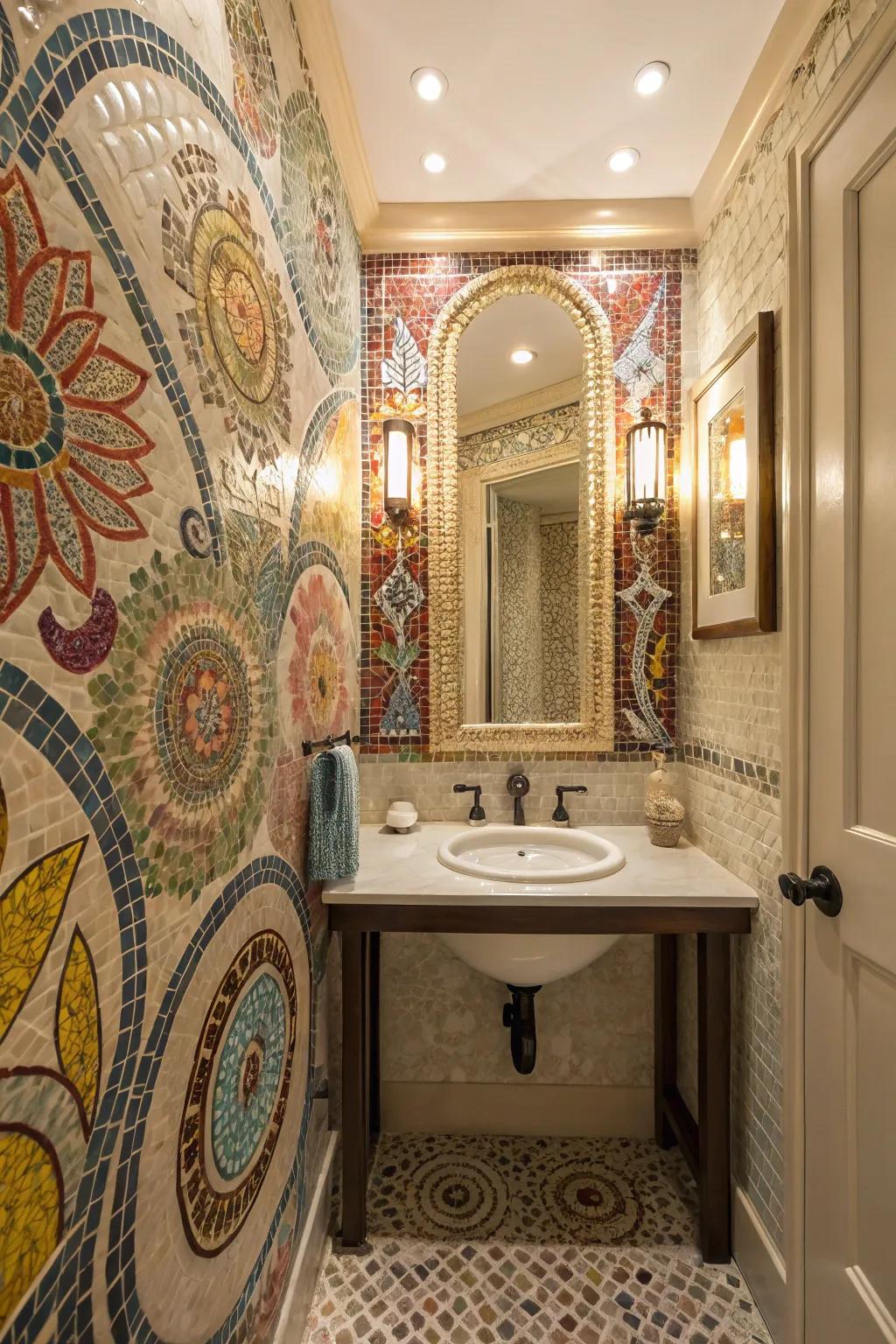 Artistic mosaic tiles add a creative touch to this powder room.